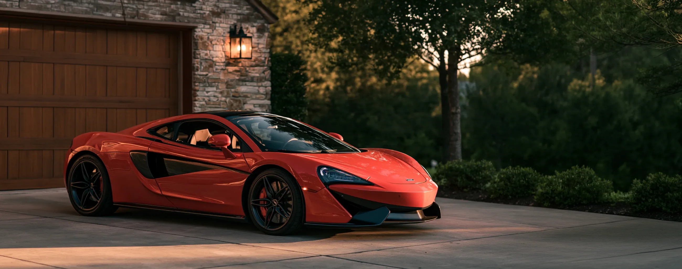 An orange sports car parked on a driveway outside a home garage.